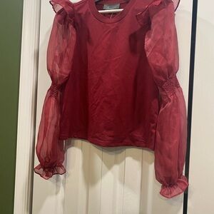 Anthropologie Red Blouse with Sheer Sleeves